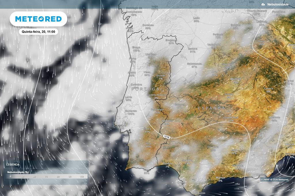 Céu muito nublado acompanhará a mudança do tempo A nebulosidade deverá ser bastante elevada durante a manhã no litoral Norte e Centro, atingindo valores próximos de 100% em vários setores.
