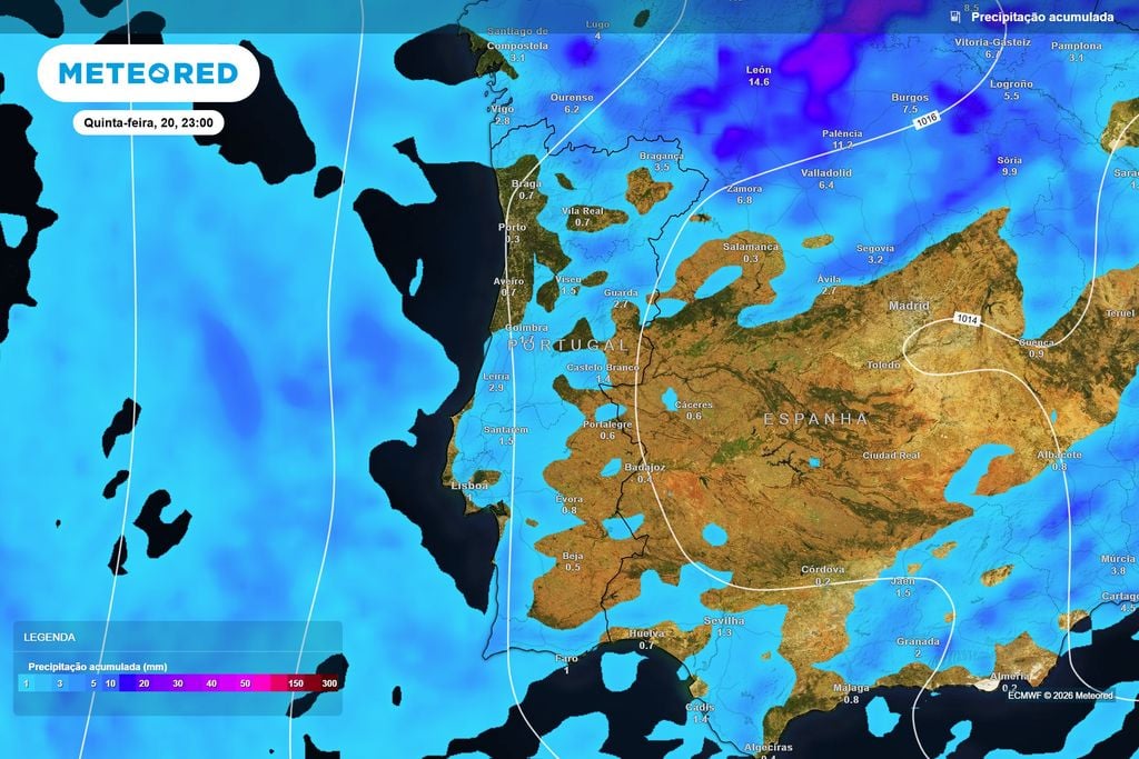 Acumulados de chuva deverão permanecer geralmente baixos Até ao final de quinta-feira, o ECMWF prevê acumulados geralmente reduzidos, embora alguns setores do Centro possam aproximar-se dos 3 mm.