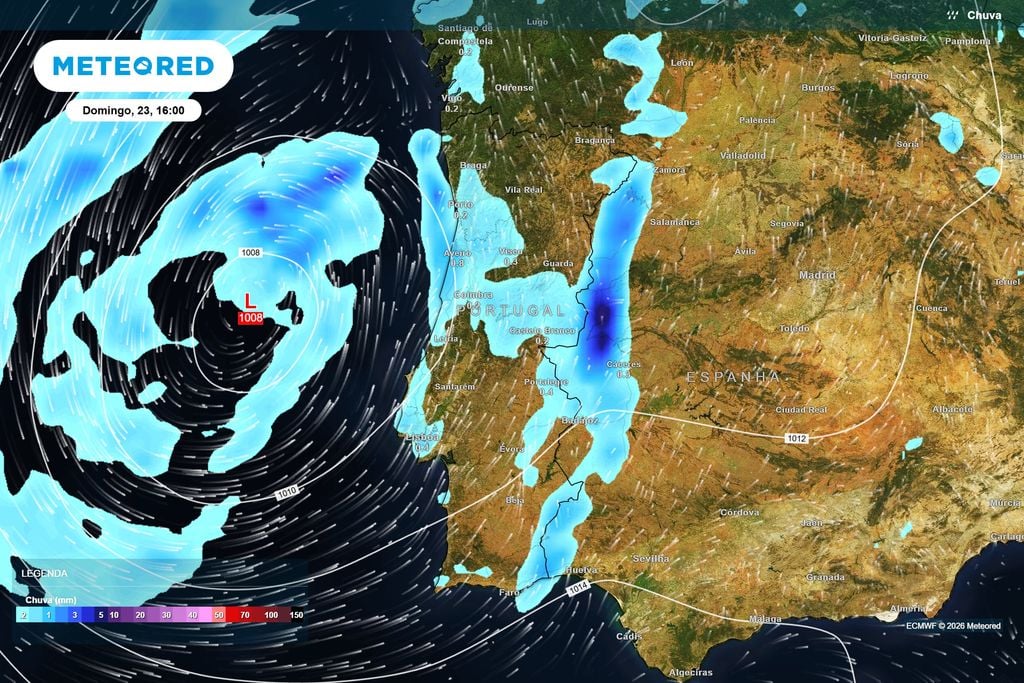 Nova aproximação da chuva poderá ocorrer no domingo O ECMWF projeta para domingo a aproximação de uma depressão atlântica, com áreas de precipitação a atingirem novamente setores de Portugal Continental.