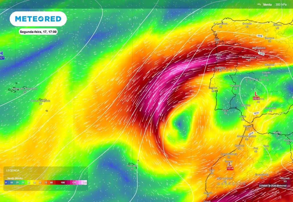 Neste mapa é possível observar uma bolsa de ar frio isolada em altitude posicionada entre o arquipélago da Madeira e o Cabo de São Vicente.