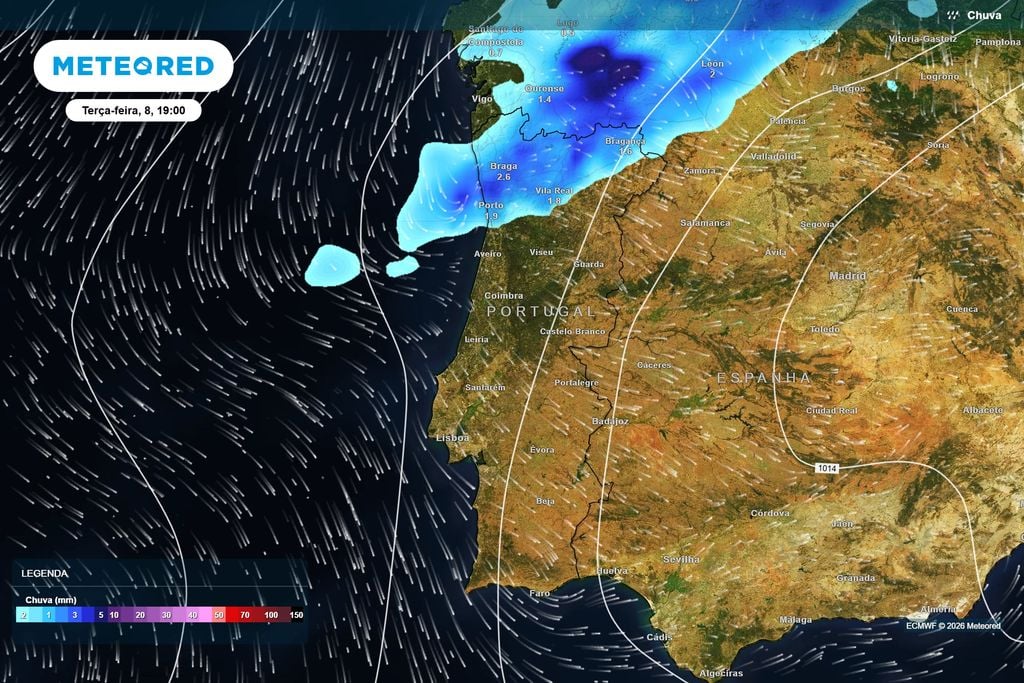 Ao início da noite, a chuva já terá alcançado grande parte do Norte Precipitação prevista pelo ECMWF para as 19h desta terça-feira. A frente fria deverá afetar sobretudo o Minho, Douro Litoral, Trás-os-Montes e outras áreas do Norte.