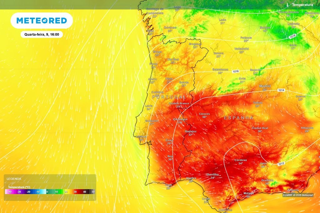 Depois da frente, as temperaturas descem na quarta-feira Temperaturas previstas pelo ECMWF para as 16h de quarta-feira. O ar mais fresco deixado pela passagem da frente fará baixar os termómetros em grande parte de Portugal continental.