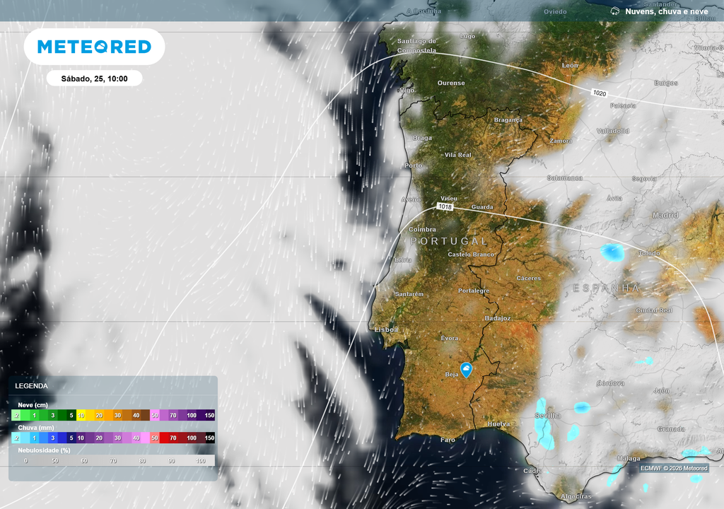 Manhã tranquila em Portugal continental, com pouca nebulosidade e ausência de precipitação antes da formação de uma depressão sobre a Península Ibérica.