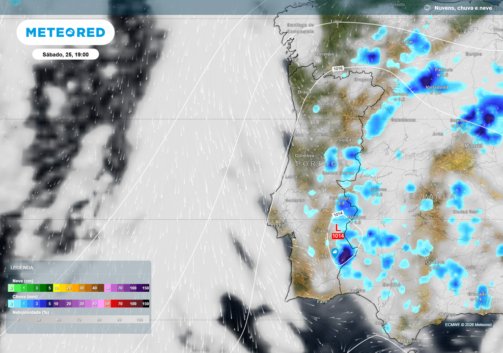 Momento mais crítico do dia: aguaceiros moderados a fortes atingem o interior, com destaque para o distrito de Beja, onde a precipitação poderá ser localmente intensa.