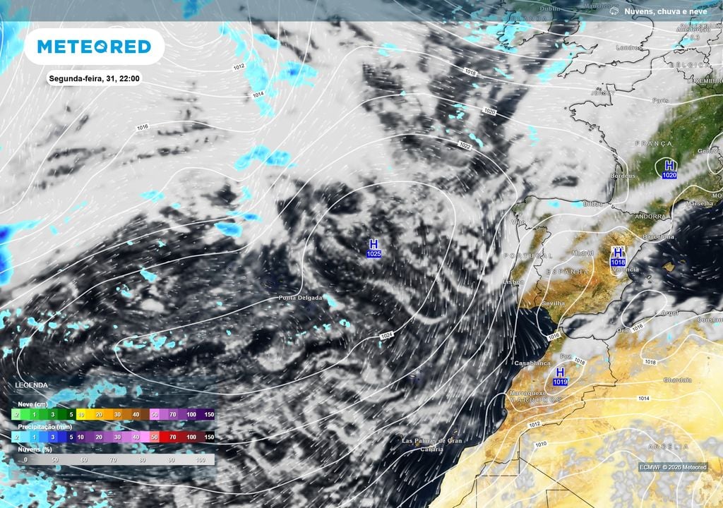 Mapa de pressão chuva e núvens O Anticiclone dos Açores surge bem posicionado no Atlântico e estende a sua influência em direção à Península Ibérica, enquanto as depressões mais ativas circulam por latitudes mais elevadas.