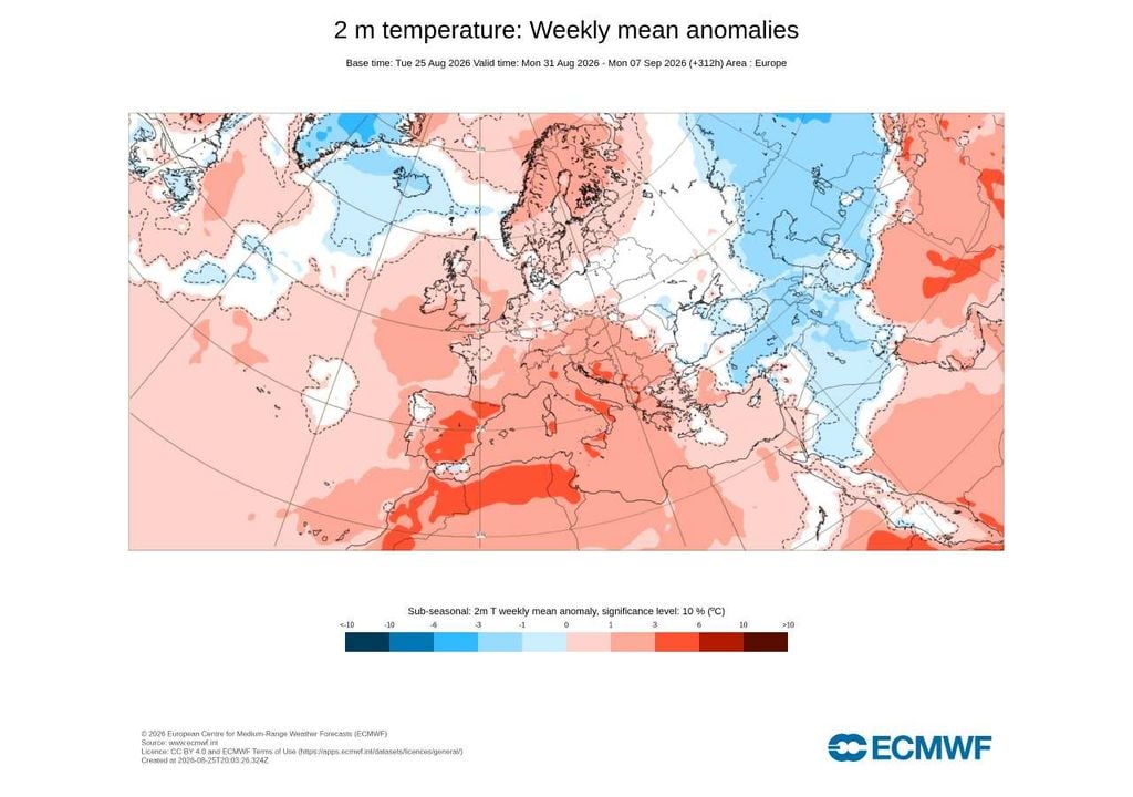 Anomalia média semanal da Temperatura A primeira semana de setembro poderá ser mais quente do que o normal sobretudo no Centro e Sul, enquanto grande parte do Norte deverá manter temperaturas mais próximas da média climatológica.