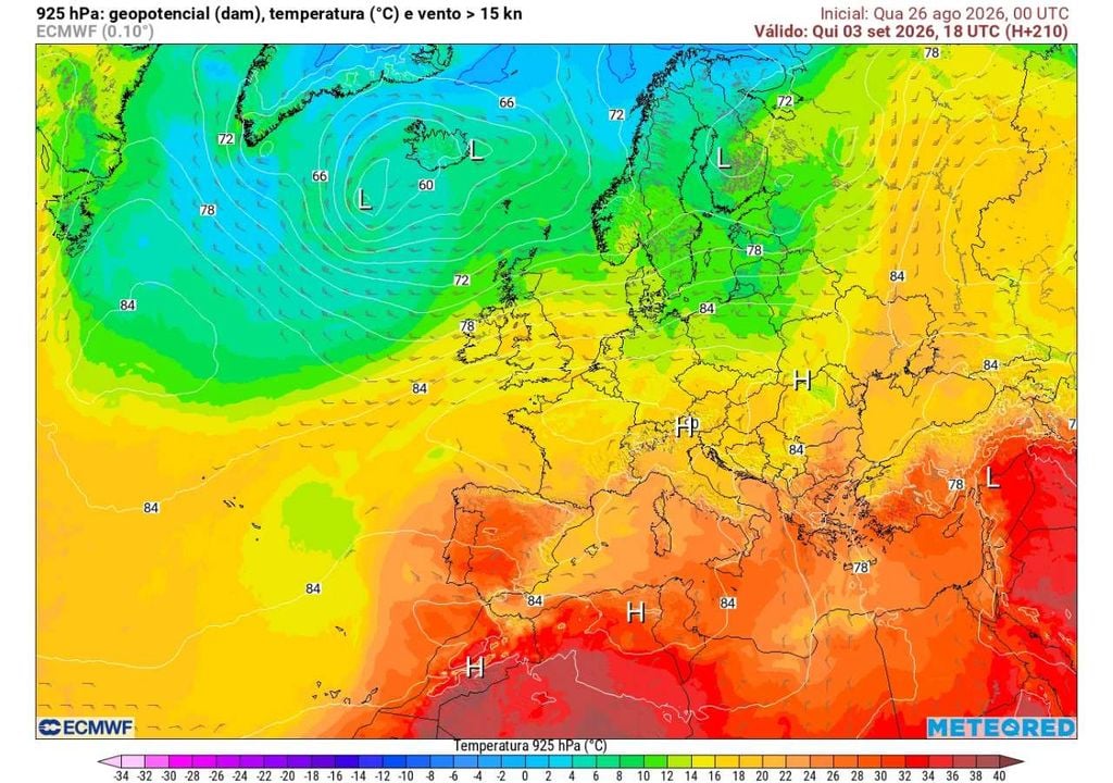 Geopotencial e temperatura 925 hPa Uma massa de ar mais quente proveniente de latitudes subtropicais e do Norte de África avança em direção à Península Ibérica, reforçando a subida das temperaturas em Portugal.