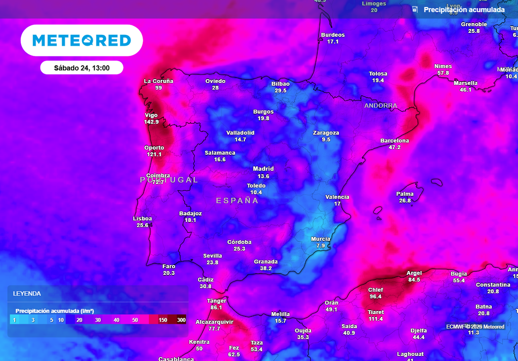 Desde hoy y hasta el sábado se superarán los 100 l/m2 en Galicia, noreste de Cataluña, Sistema Central y entorno del Estrecho.