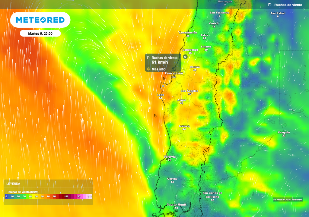 Rachas de viento (km/h) para la noche del martes (05).
