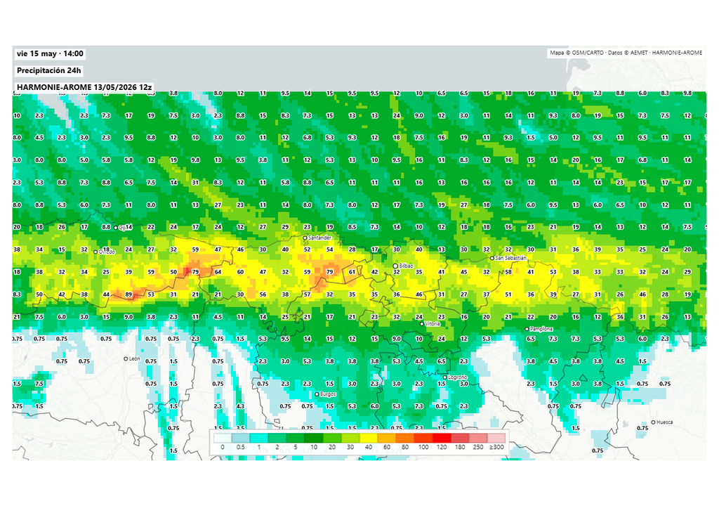 El modelo Harmonie de la AEMET muestra acumulados muy significativos entre esta noche y mañana. Fuente: harmoniearome.es y AEMET.