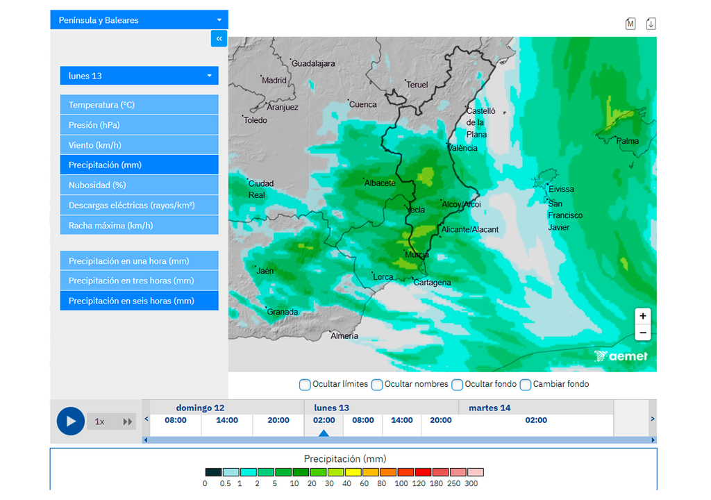 De cara a la noche los chubascos se intensificarán en la Comunidad Valenciana y la Región de Murcia, según el modelo Harmonie de AEMET.