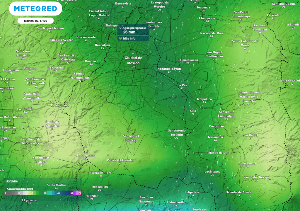 lluvia Habrá tormentas aisladas entre la tarde y la noche del martes, a su paso podrían dejar acumulados puntuales mayores a 30 mm.