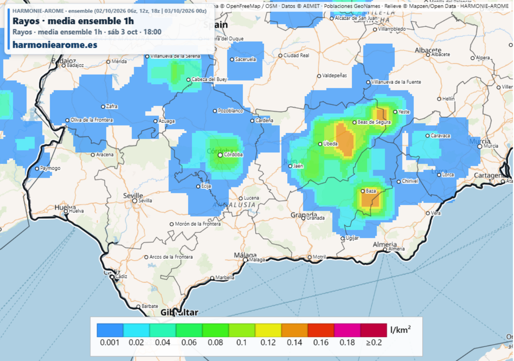 Densidad de rayos prevista en una hora para las 18: los mayores valores se concentran en el interior de Andalucía oriental. Mapa de HARMONIE-AROME.