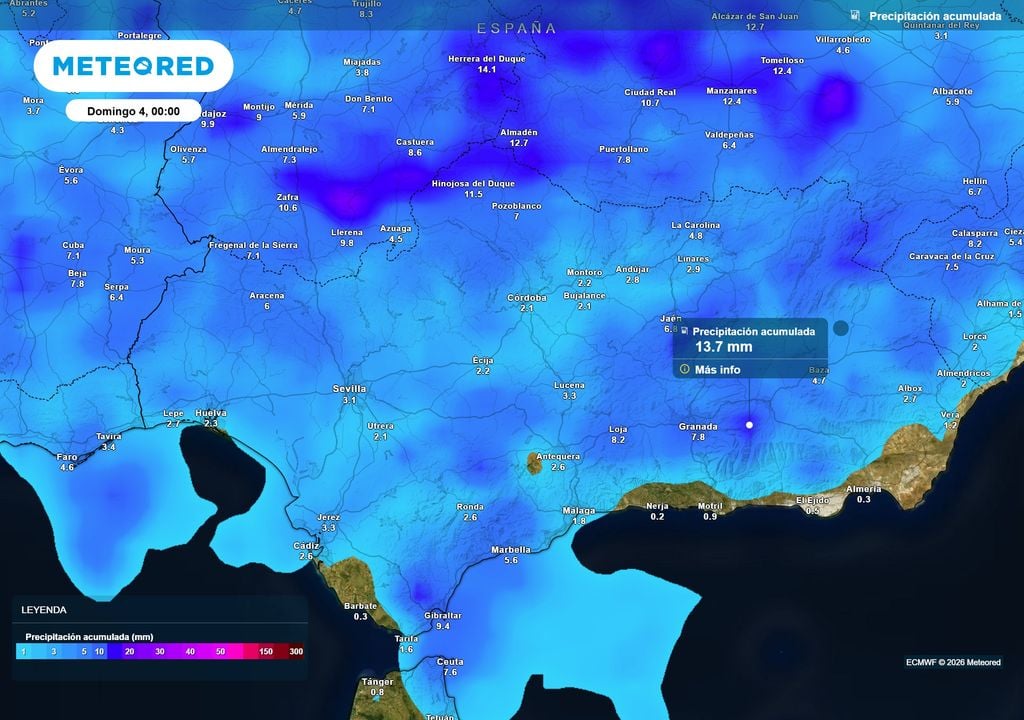 Los acumulados no serán especialmente elevados, según el modelo Europeo, pero sí que este episodio dejará lluvia en prácticamente toda la región.