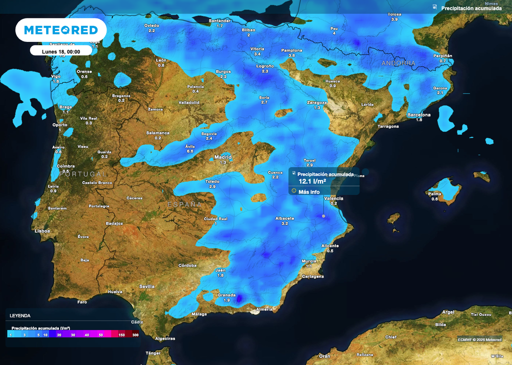 Lluvias en España Acumulados de precipitación previstos durante la jornada del domingo por el modelo europeo.