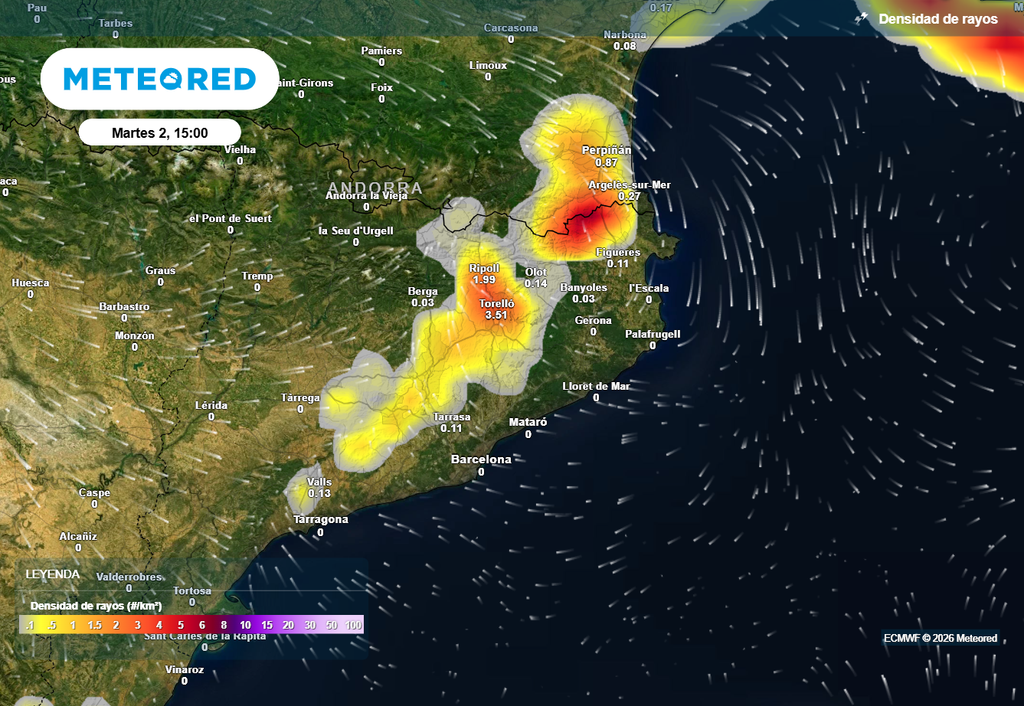 El modelo europeo señala que en las comarcas del noreste de Cataluña la actividad eléctrica asociada a las tormentas podría ser localmente destacable.
