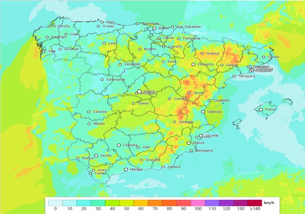Rachas máximas esperadas para hoy. Los reventones podrían extenderse por zonas del interior del este peninsular. Fuente AEMET.