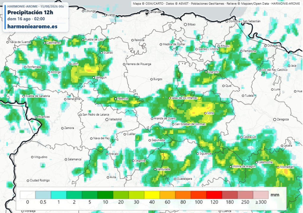 El modelo Harmonie-Arome prevé acumulados cercanos a los 50 l/m2 en 12 horas.