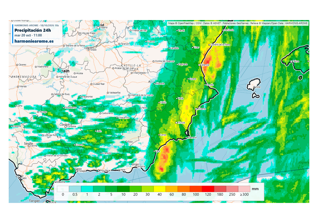El modelo Harmonie prevé precipitaciones localmente intensas y acompañadas de tormenta en la segunda mitad del día en zonas del este, sureste y Baleares.