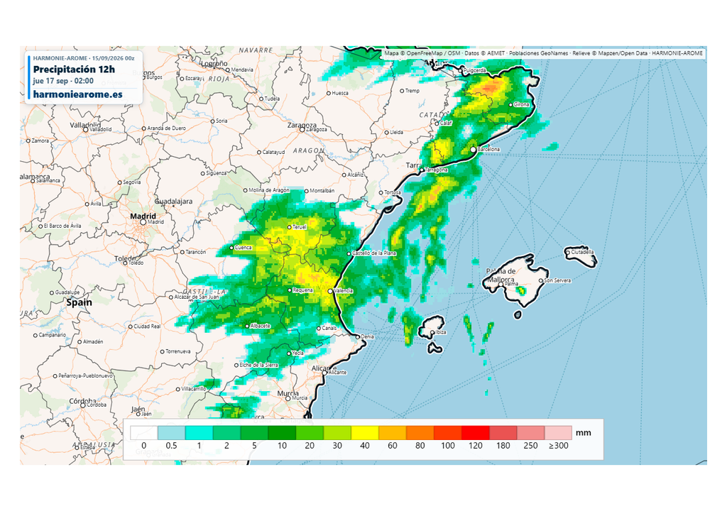 Mañana miércoles el frente, aparte de provocar un descenso general de las temperaturas, dará lugar a tormentas que podrán ser muy fuertes en el nordeste de Cataluña, la Sierra de Gúdar, el Maestrazgo y Mallorca. Fuente: Harmoniearome.es