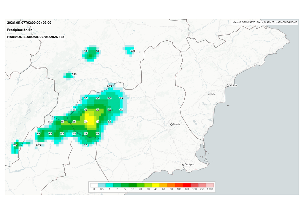 Tanto Harmonie como AROME muestran acumulados significativos de precipitación esta tarde-noche entre Albacete y la Región de Murcia. Fuente: harmoniearome.es y AEMET.