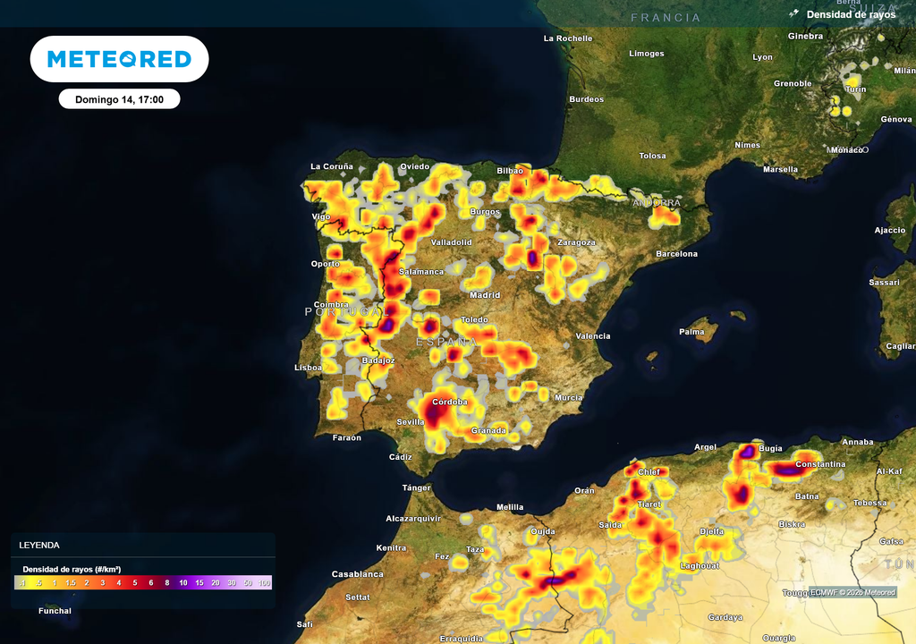 Importante la actividad eléctrica en amplias zonas del oeste e interior peninsular.