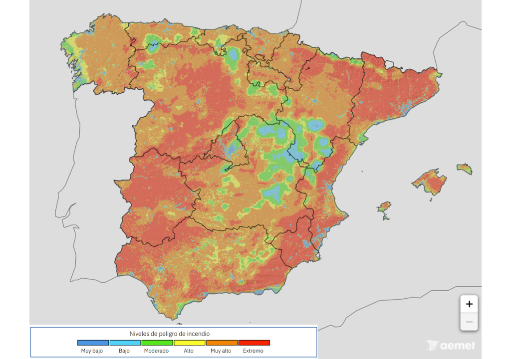Riesgo de incendios para la jornada de hoy miércoles. Fuente: AEMET.
