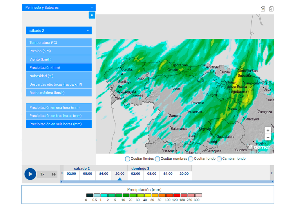 El modelo Harmonie de la AEMET prevé acumulados de lluvia muy significativos en poco tiempo durante la segunda parte del día, sobre todo entre Navarra, La Rioja, País Vasco, noreste de Castilla y León y Aragón.