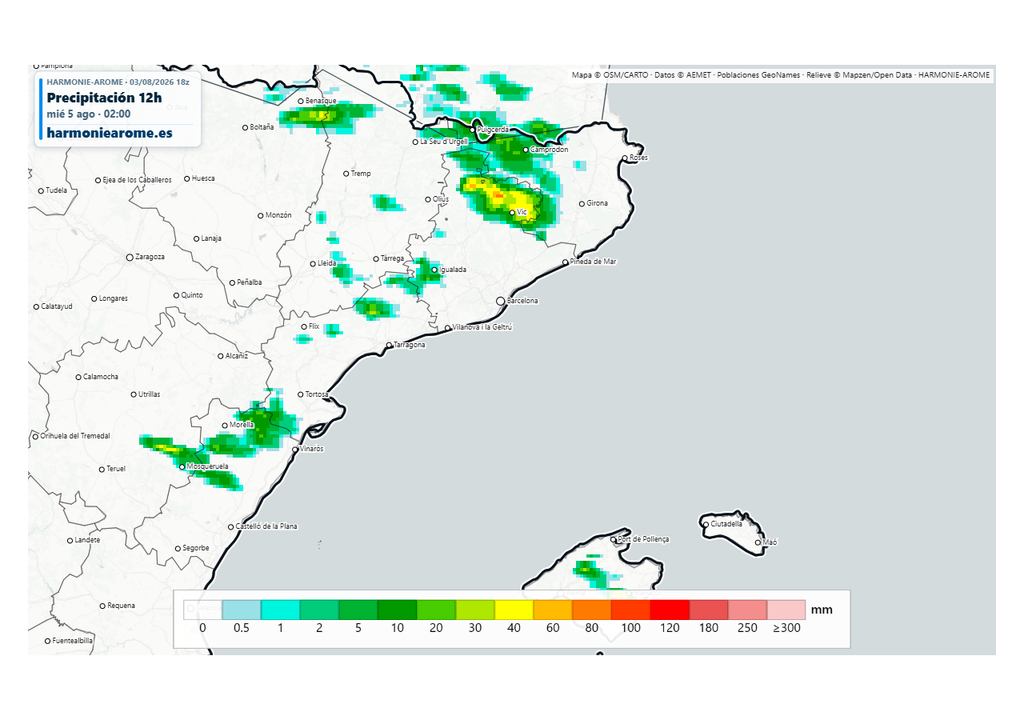 En el noreste e interior de Mallorca crecerán chubascos tormentosos localmente fuertes esta tarde. Se registrarán algunos fenómenos adversos. Fuente: Harmoniearome.es y AEMET.