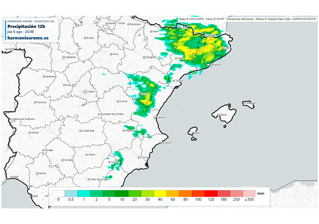 El modelo Harmonie prevé acumulados de lluvia localmente muy significativos en el tercio este en las próximas horas. Fuente: Harmoniearome.es