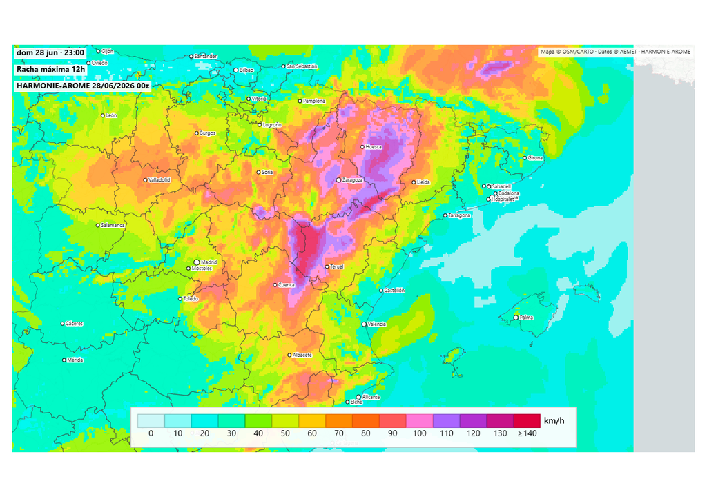 El modelo de alta resolución Harmonie avisa de la probable formación de estructuras convectivas organizadas. Las ráfagas podrían ser huracanadas, con eventos puntuales superiores a los 120-130 km/h. Fuente: harmoniearome.es