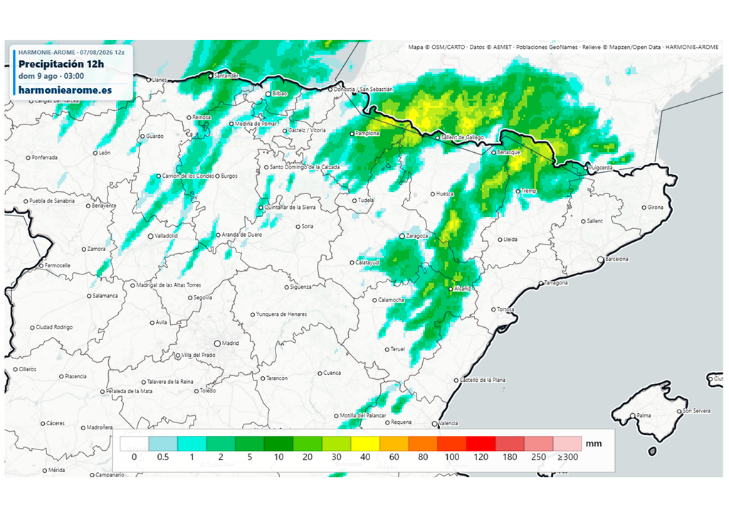 En algunas zonas del norte y noreste se pueden acumular más de 40 l/m2 en muy poco tiempo. Fuente: Harmoniearome.es