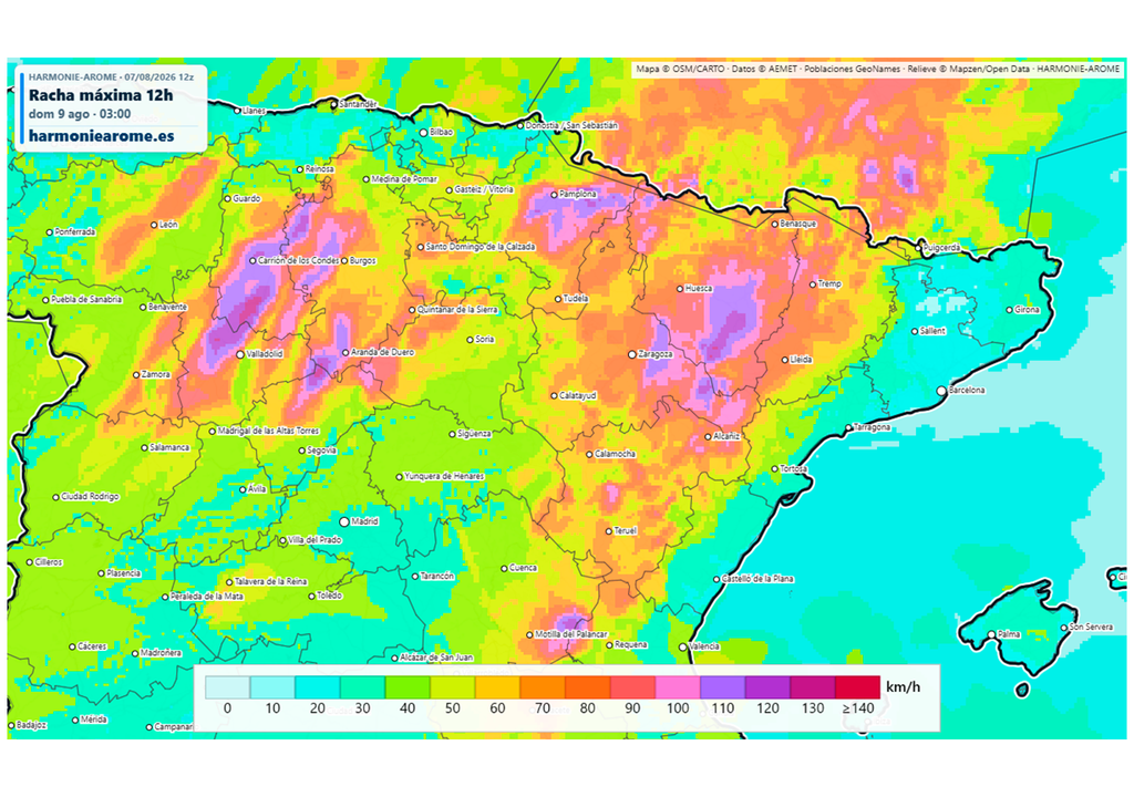 Los modelos mesoescalares advierten de rachas de viento muy intensas, con probables reventones. Fuente: Harmoniearome.es