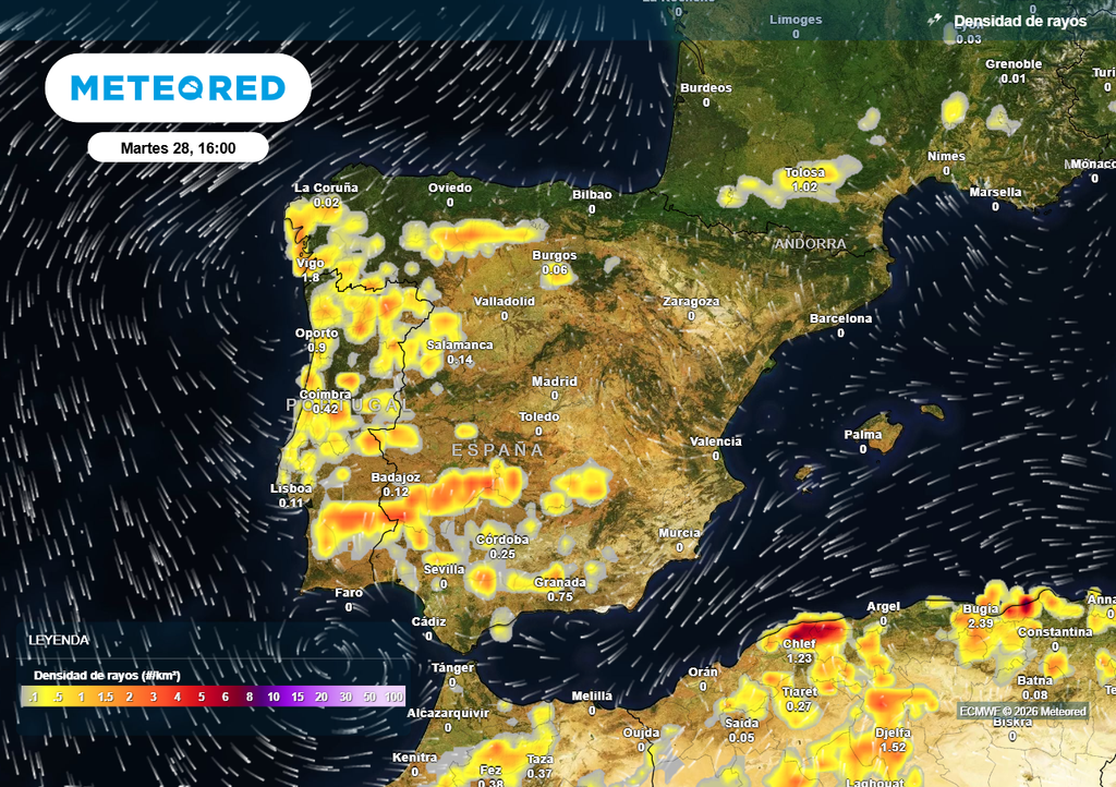 La actividad eléctrica será significativa esta tarde en algunas zonas, según el modelo europeo.