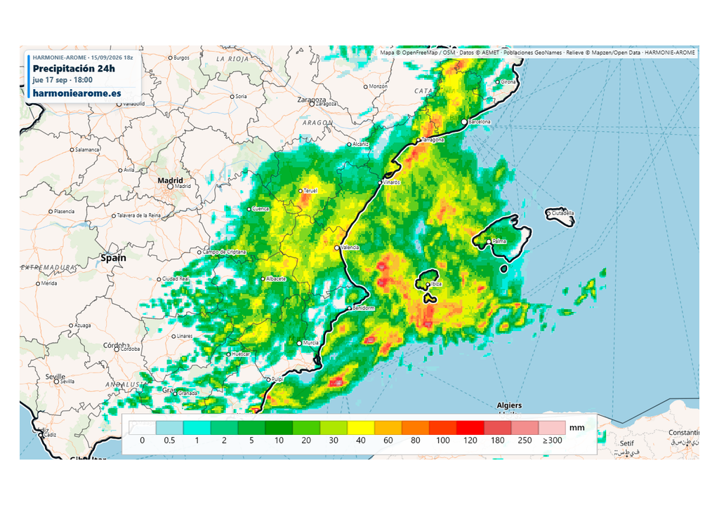 El modelo Harmonie anticipa acumulados de lluvia muy importantes en las próximas horas en el este y Baleares. Fuente: Harmoniearome.es