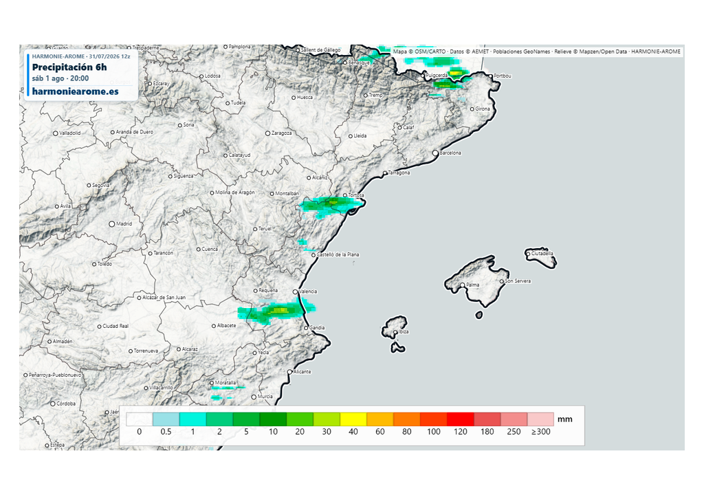 El modelo Harmonie prevé tormentas dispersas, pero localmente intensas, en el tercio este durante la tarde. Fuente: Harmoniearome.es