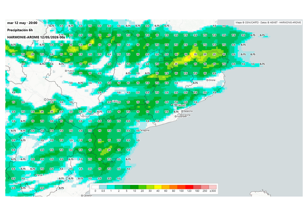 Durante la tarde las tormentas dejarán fuertes aguaceros en buena parte de Cataluña, que podrán ir acompañados de granizo y vendavales. Fuente: harmoniearome.es y AEMET.