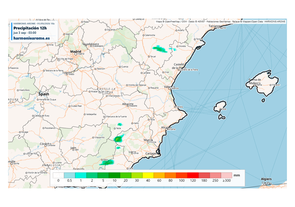 El modelo Harmonie prevé tormentas aisladas pero de cierta intensidad esta tarde. Fuente: Harmoniearome.es