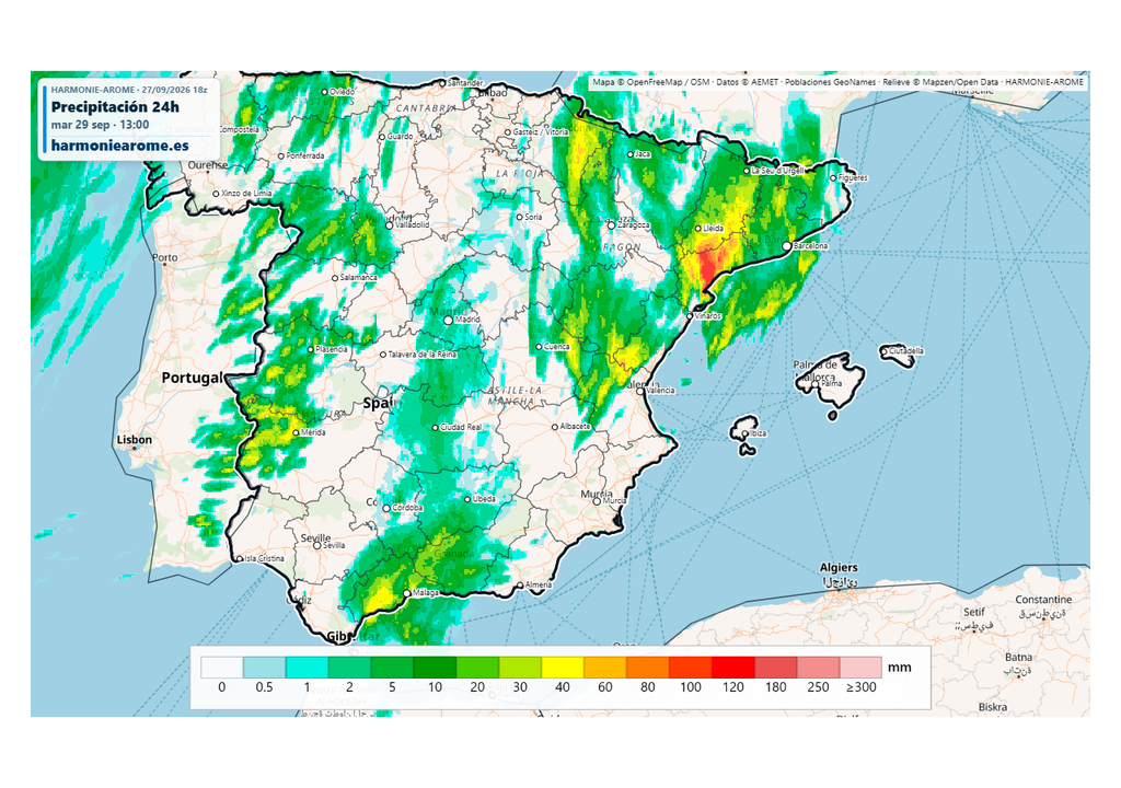 El modelo Harmonie de la AEMET advierte de probables aguaceros localmente muy intensos en las próximas horas en varias comunidades. Fuente: Harmoniearome.es