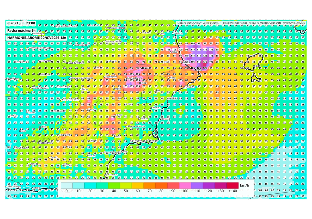El modelo Harmonie prevé rachas de viento muy intensas y posibles reventones al paso de las tormentas. Fuente: Harmoniearome.es