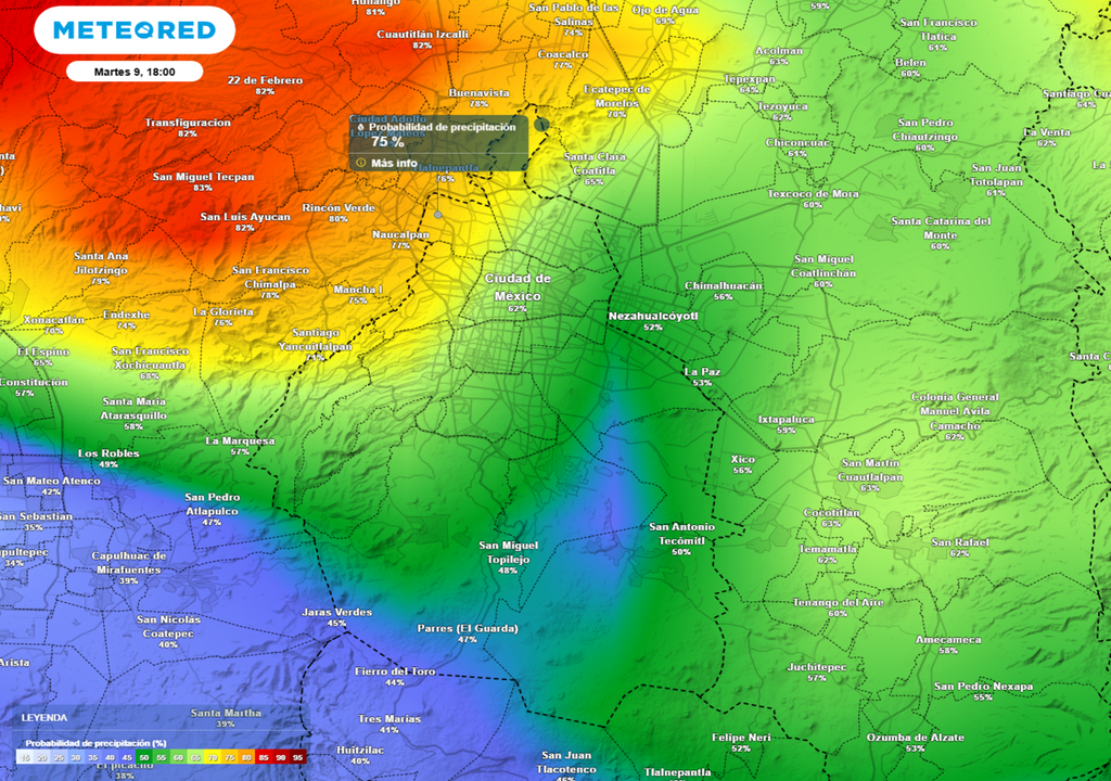 lluvia Habrá alta probabilidad de lluvia entre el final d ela tarde y las primeras horas de la noche. No se descarta la posibilidad de fuertes corrientes de agua en vialidades.