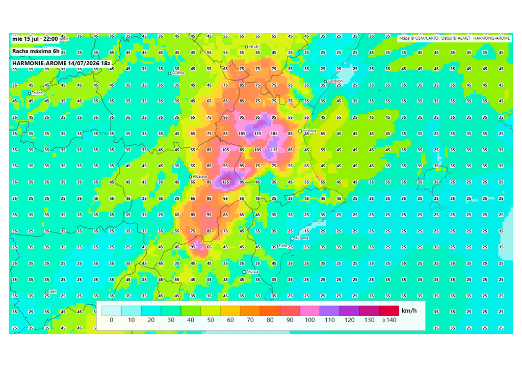 El modelo Harmonie de la AEMET advierte de posibles reventones esta tarde, con rachas de viento locales que pueden pasar de los 90-100 km/h. Fuente: harmoniearome.es