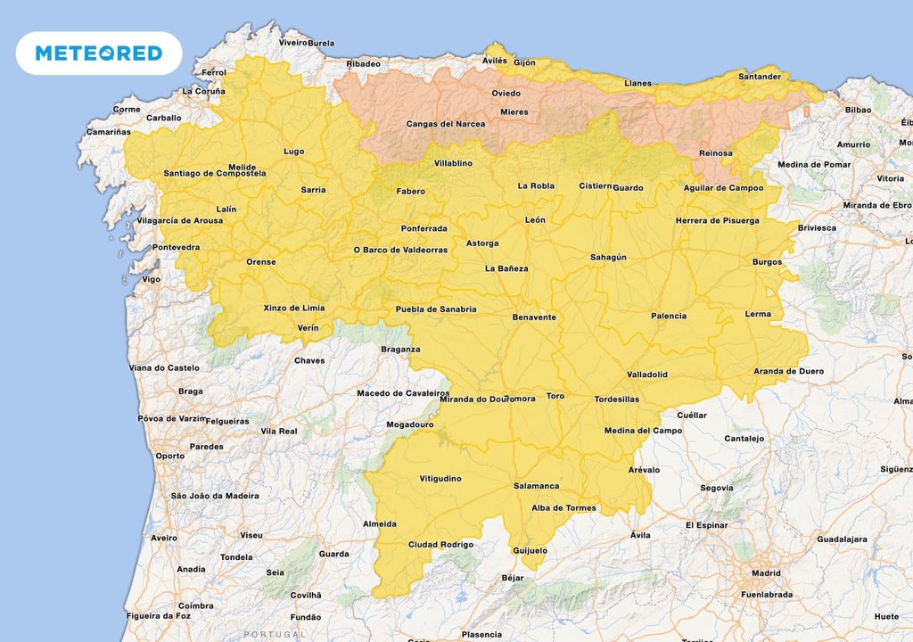 Mapa de avisos previstos por la AEMET para esta próxima tarde en el noroeste peninsular.