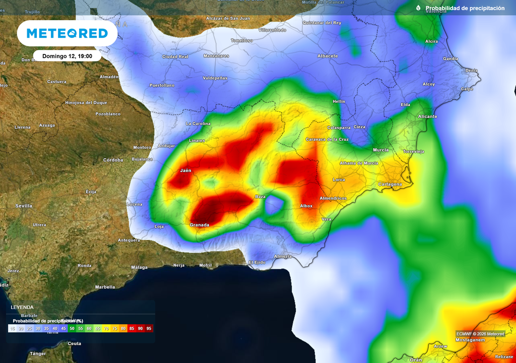 La probabilidad de chubascos y tormentas, localmente fuertes, es elevada en el sudeste peninsular.