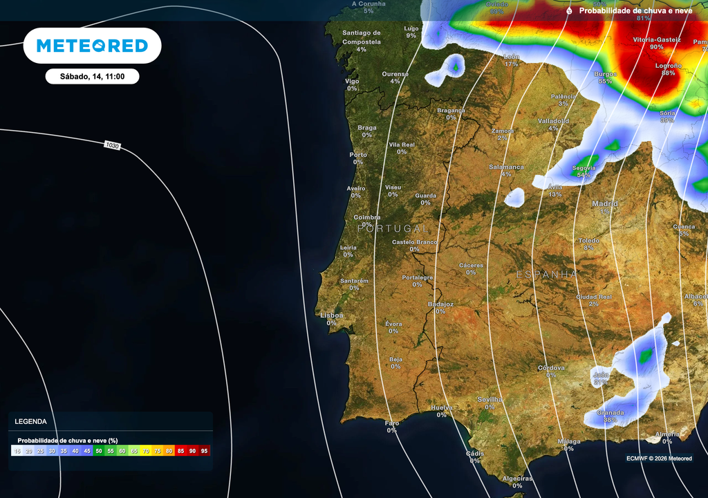 Tempo seco generalizado em Portugal continental, com as frentes atlânticas desviadas para norte da Península Ibérica.