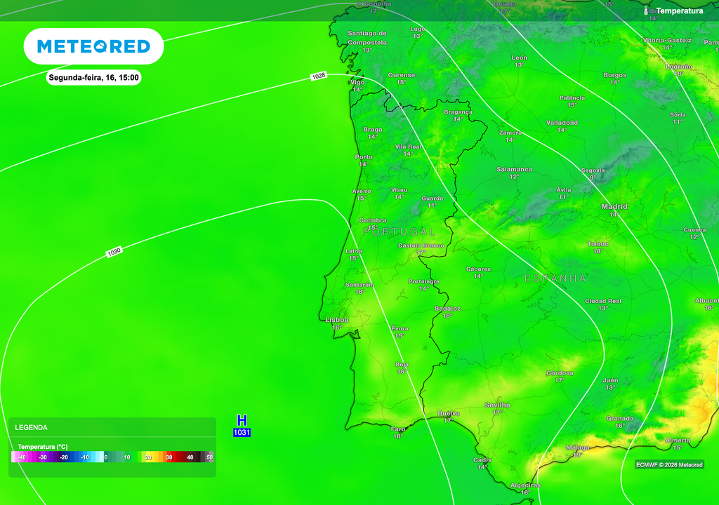 Temperaturas máximas previstas para a tarde de segunda-feira, 16 de fevereiro, com valores moderados no litoral e ligeiramente mais elevados no interior Sul, sob influência do anticiclone centrado a oeste da Península.