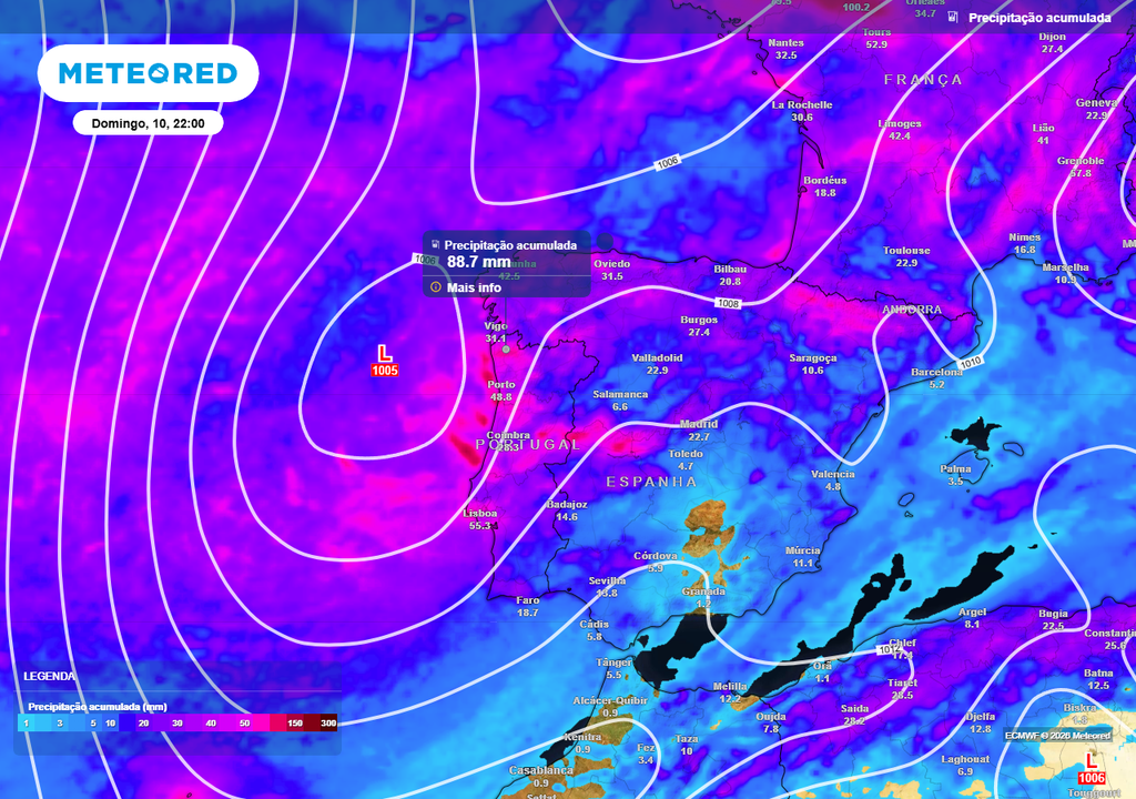 Zonas situadas a oeste da Barreira de Condensação, quase toda a Região Centro e a Área Metropolitana de Lisboa. De momento, o modelo Europeu prevê que estas sejam as regiões mais afetadas pela chuva até às 22:00 de domingo, 10 de maio.