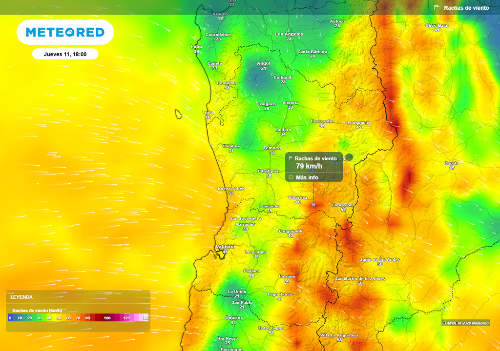 Segundo sistema frontal trae rachas de viento superiores a los 60 km/h a Chile centro-sur Rachas de viento (km/h) para la tarde del jueves (11) en las regiones de La Araucanía y Los Ríos.