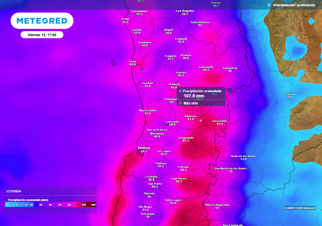 Lluvias del segundo sistema frontal se quedarían hasta el viernes (12) en Chile centro-sur Precipitación acumulada (mm) hasta el viernes (12) en las regiones de La Araucanía y Los Ríos.