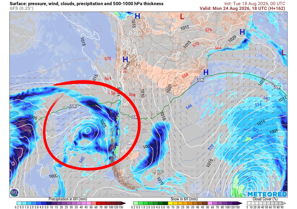 Meteored pronostica abundantes lluvias para el centro-sur de Chile Sistema frontal (círculo rojo) que llegaría el lunes (24) a Chile centro-sur.